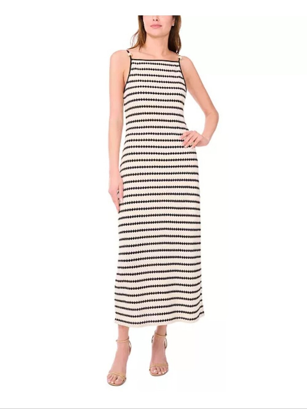 1.STATE NWT $129 Ivory Black Crochet Knit Striped Maxi Dress Size 0 Boho